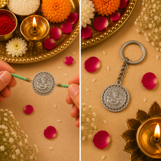 Ganesh Ji Keepsake Rakhi | Converts into a Silver Keychain | Free Key Ring Included