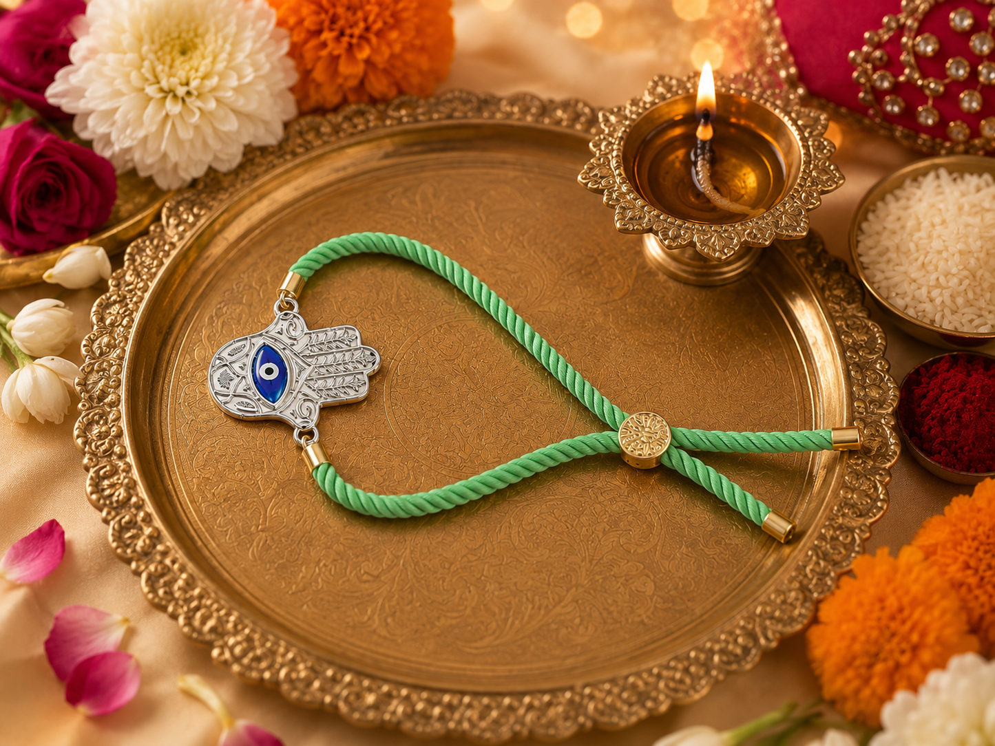 Evil Eye Horizontal Keepsake Rakhi | Converts into a Silver Keychain | Free Key Ring Included