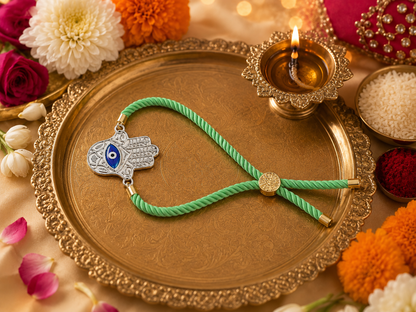 Evil Eye Horizontal Keepsake Rakhi | Converts into a Silver Keychain | Free Key Ring Included