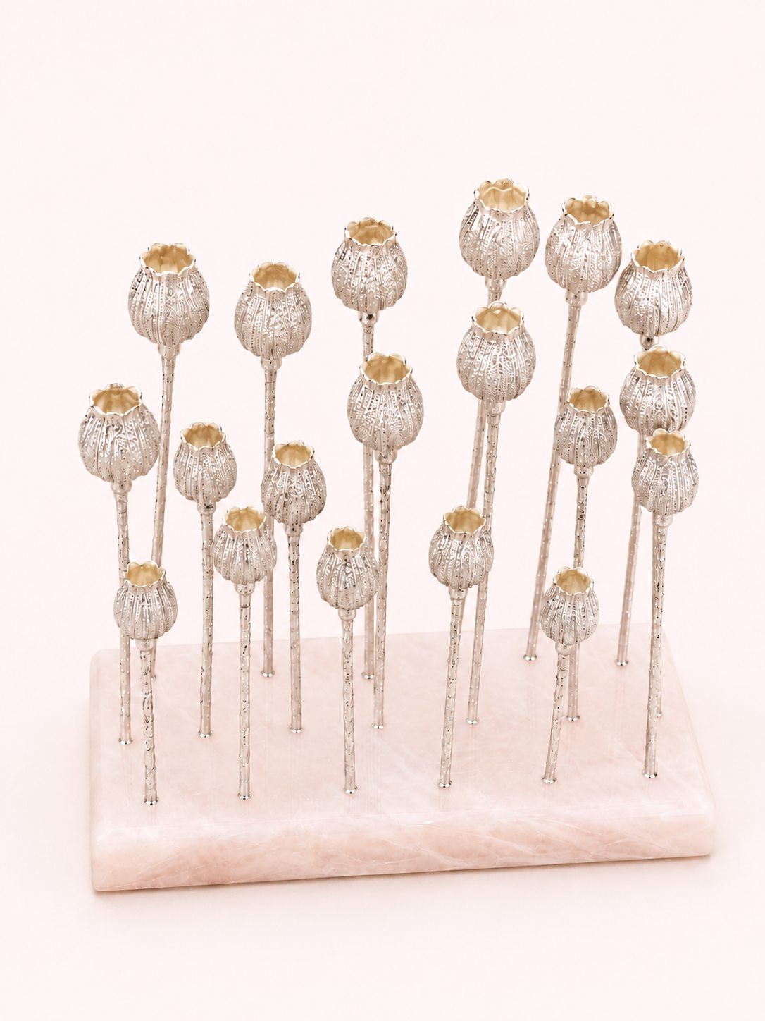 Silver Tulips on Pink Quartz