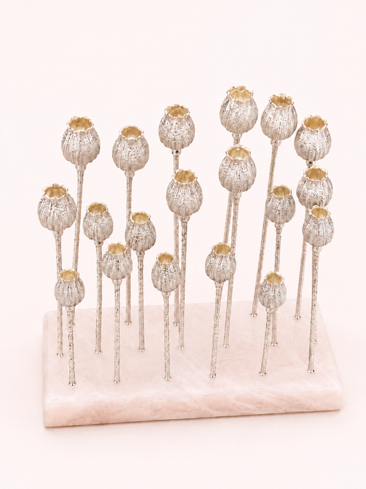 Silver Tulips on Pink Quartz