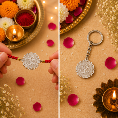 Om Keepsake Rakhi | Converts into a Silver Keychain | Free Key Ring Included