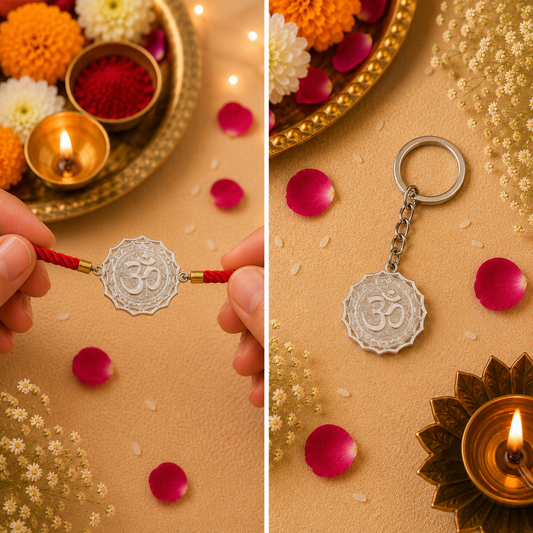Om Keepsake Rakhi | Converts into a Silver Keychain | Free Key Ring Included