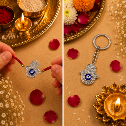 Evil Eye Round Keepsake Rakhi | Converts into a Silver Keychain | Free Key Ring Included
