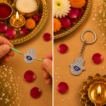 Evil Eye Horizontal Keepsake Rakhi | Converts into a Silver Keychain | Free Key Ring Included