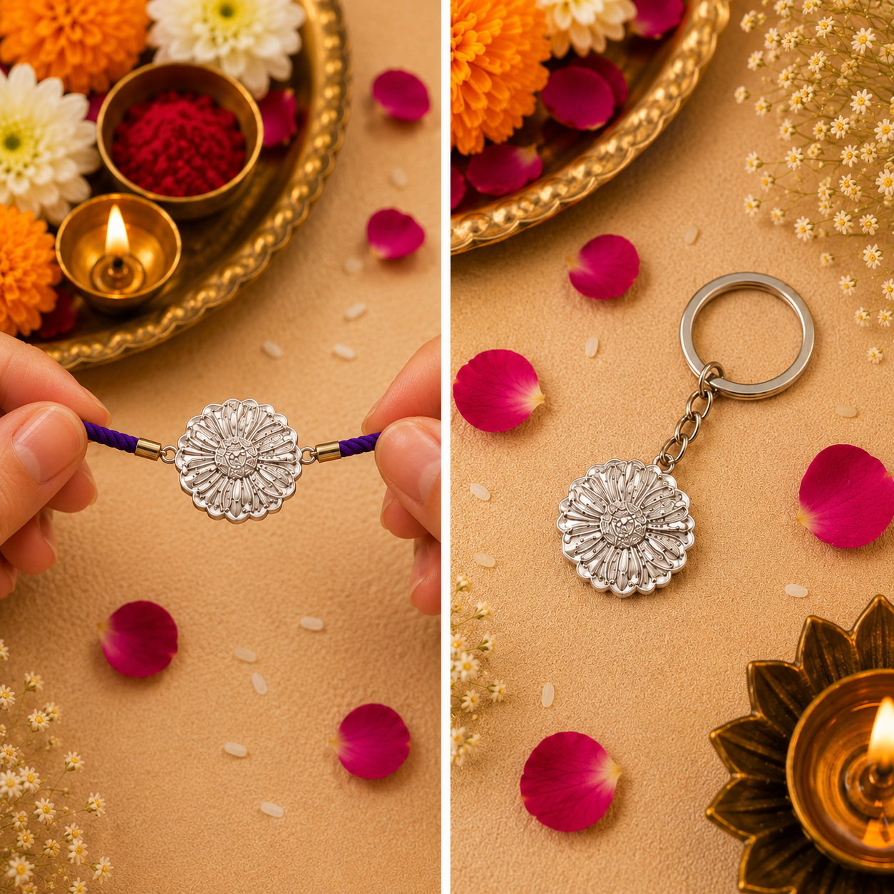 Flower Keepsake Rakhi | Converts into a Silver Keychain | Free Key Ring Included