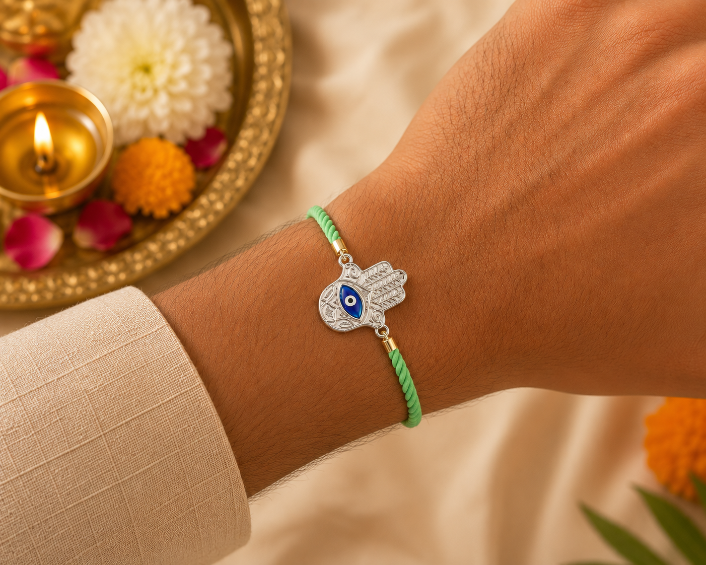 Evil Eye Horizontal Keepsake Rakhi | Converts into a Silver Keychain | Free Key Ring Included