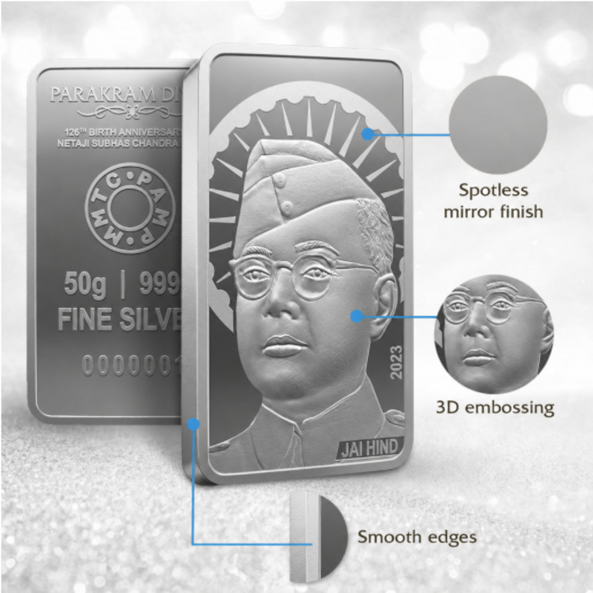 Netaji Subhas Chandra Bose 50gm Silver Bar | MMTC PAMP