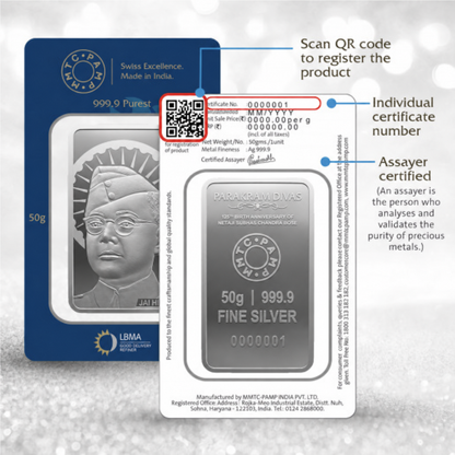 Netaji Subhas Chandra Bose 50gm Silver Bar | MMTC PAMP
