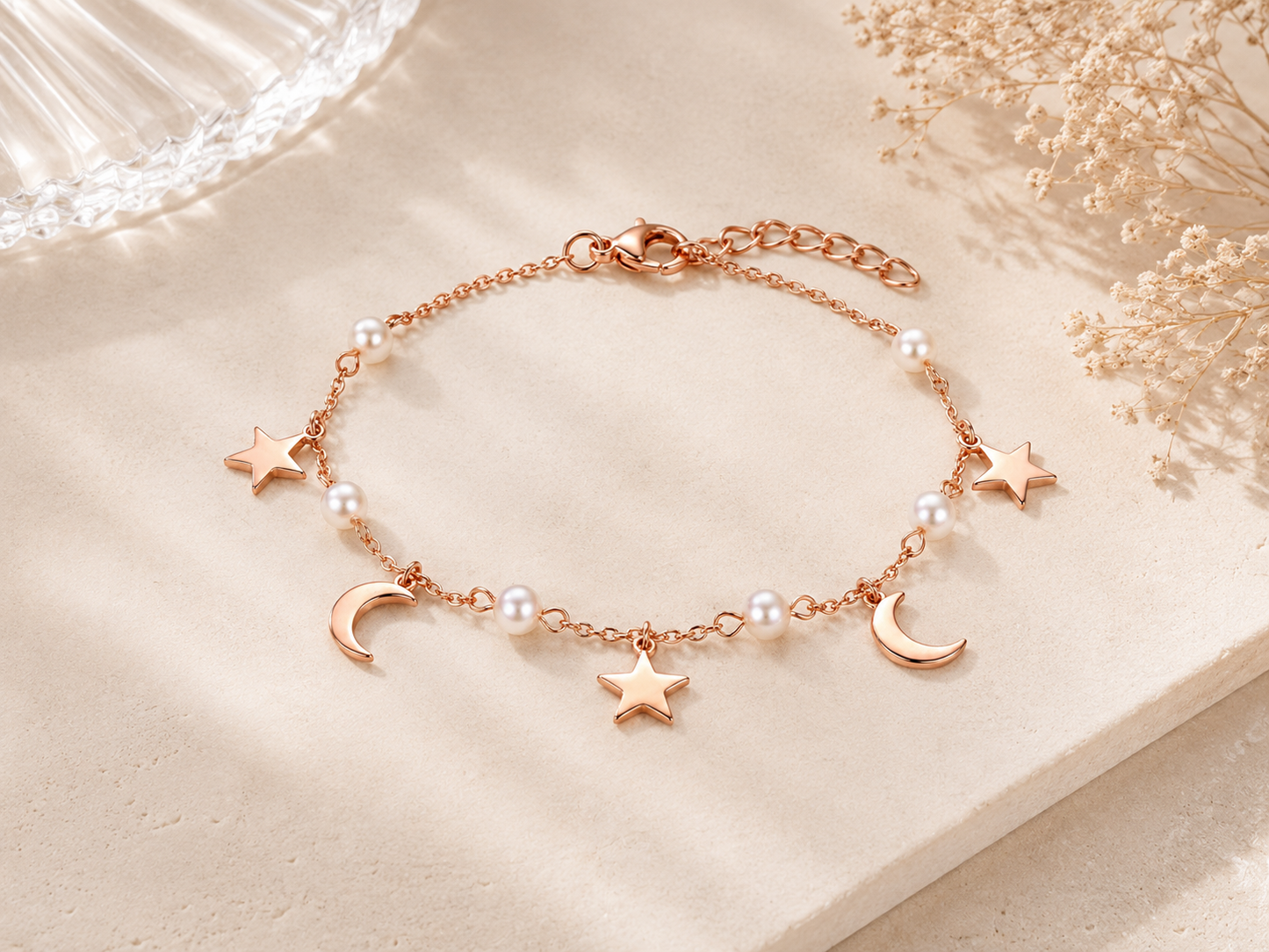 Moon & Stars Charm Bracelet in Rose Gold