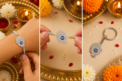 Hamza Evil Eye Keepsake Rakhi | Converts into a Silver Keychain | Free Key Ring Included