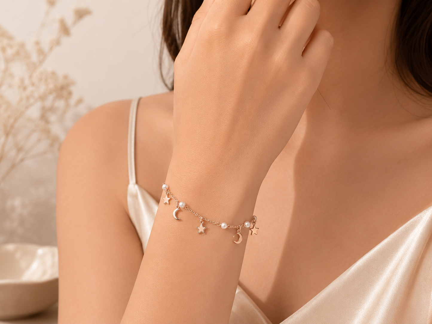 Moon & Stars Charm Bracelet in Rose Gold
