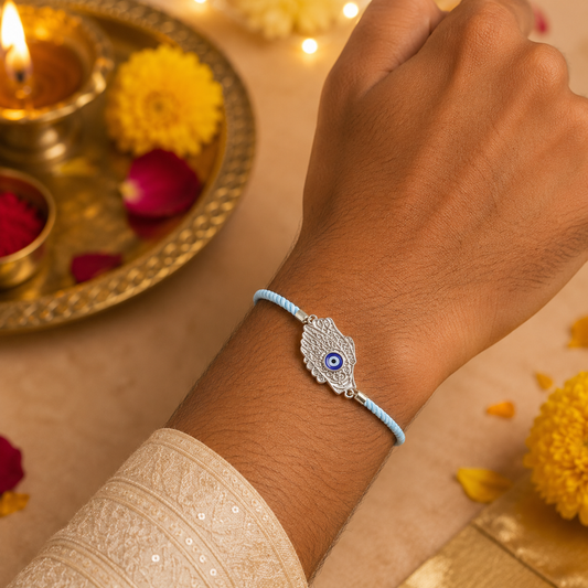 Hamza Evil Eye Keepsake Rakhi | Converts into a Silver Keychain | Free Key Ring Included